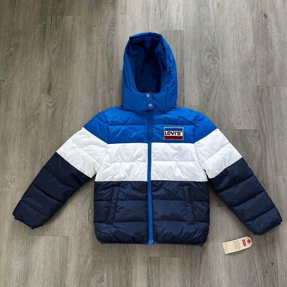 Levis Puffer Jacket Kids Size S 8-10 Blue White Good Colorblock Hooded Coat